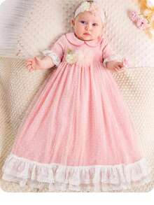 SHEIN Vestido Elegante para Bebê Recém-Nascida com Gola Peter Pan, Manga Longa e Cintura Marcada, com Faixa de Cabeça, 2 Peças/Conjunto - Rosa chiclete - Visão 7