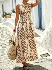 SHEIN LUNE CURVE Women's Casual All-Over Print Sleeveless Dress, Cross-Body Design, Summer Boho Holiday And Everyda - Multicolor - View 4