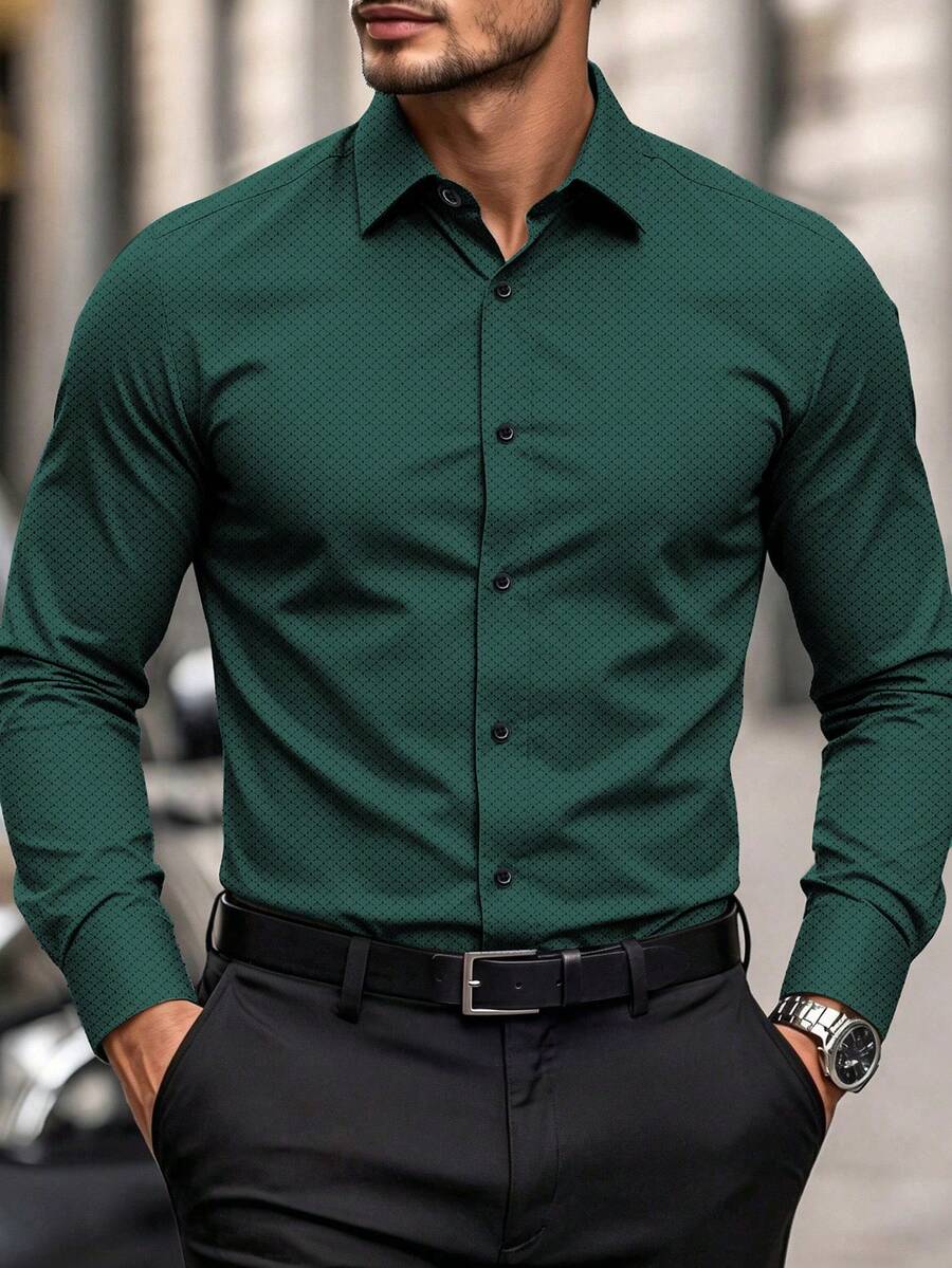 Manfinity Mode Camisa de Negócios Masculina Estampada de Manga Longa com Abotoamento Simples para Escritório
