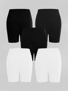 5pcs/Set Girls' Black Solid Color Minimalist Comfortable Tight Shorts/Leggings - Multicolor - View 2