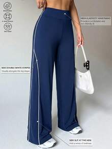 Sweetra Women's Colorblock High Waist Casual Daily Travel Sports Long Pants - Navy Blue - View 2