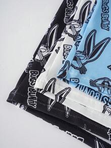 LOONEY TUNES X SHEIN سروال داخلي رجالي كاجوال يومي بطبعة حروف كرتونية وتصميم كتل لونية - ازرق وابيض - مشاهدة 4