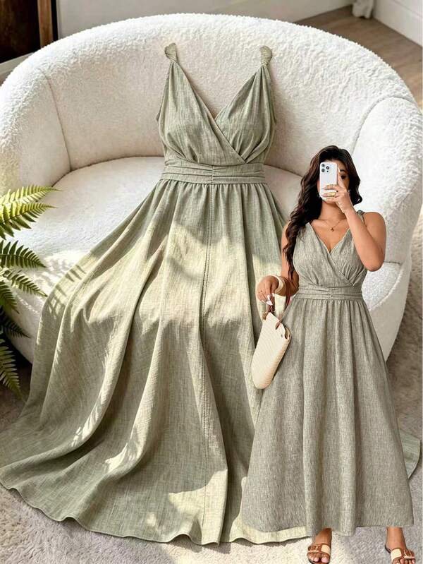 GlowEve CURVE Vestido largo elegante de talla grande para mujer, estilo romántico y artístico, textura de lino sintético, tirantes retorcidos, escote en V francés, para ir a trabajar y tomar el té