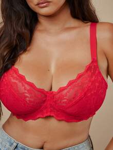 SHEIN BAE CURVE 1件装女士加大码蕾丝拼接舒适钢圈文胸 - 紅色 - 查看 6