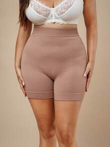 SHEIN BAE CURVE 1 件加大码无缝高腰竖条纹塑身提拉裤 - 摩卡棕 - 查看 7