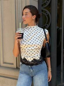 Siren Gaze Women's White With Black Polka Dots With Stand Collar Irregular Ruffle Lace Splice Elegant Romantic Casual Summer Office Brunch Tea Party Blouse Top - Multicolor - View 7