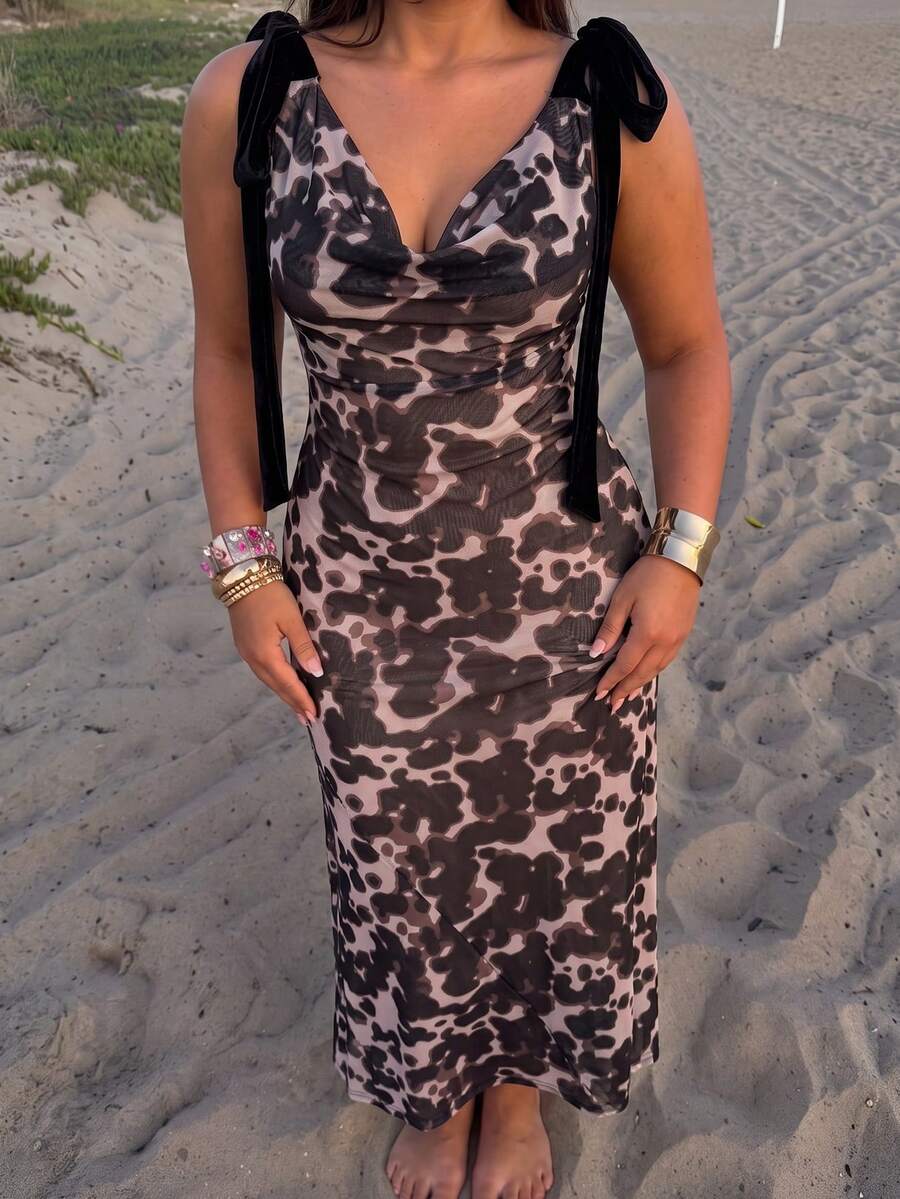 GalTyme Plus Size Women's Pink Cowl Neck Shoulder Knot Sleeveless Fashion Dress Party Summer Sexy - Multicolor - View 1