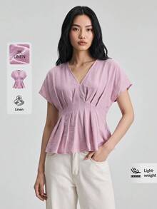 Ontre 女款亞麻柔軟V領短袖抓皺腰身休閒襯衫，粉紅色，夏季，優雅，早午餐，時尚郵輪穿搭，百搭通勤上衣 - 粉色 - 查看 2