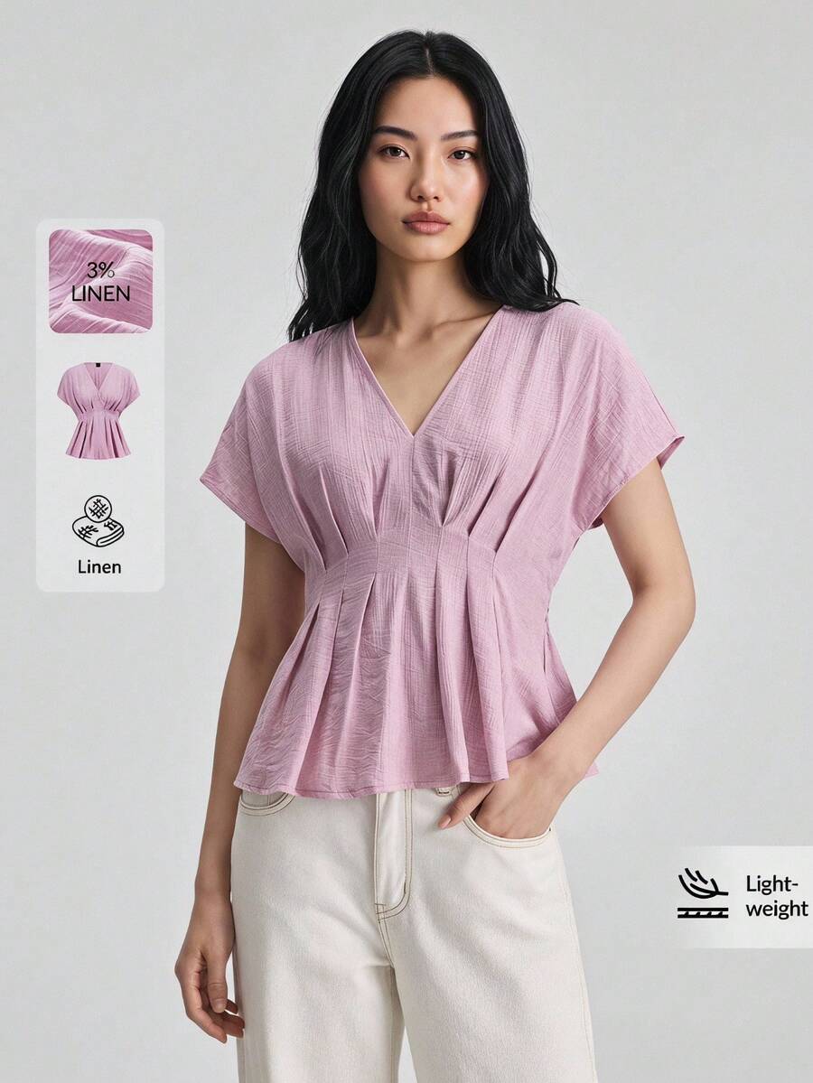 Ontre 女款亞麻柔軟V領短袖抓皺腰身休閒襯衫，粉紅色，夏季，優雅，早午餐，時尚郵輪穿搭，百搭通勤上衣