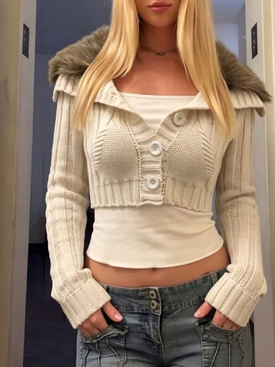 Rovax Cardigan corto con cuello de piel estilo retro americano sexy dulce y cool para chica, albaricoque, para cita, casual y streetwear, efecto estilizante - Albaricoque - Ver 1