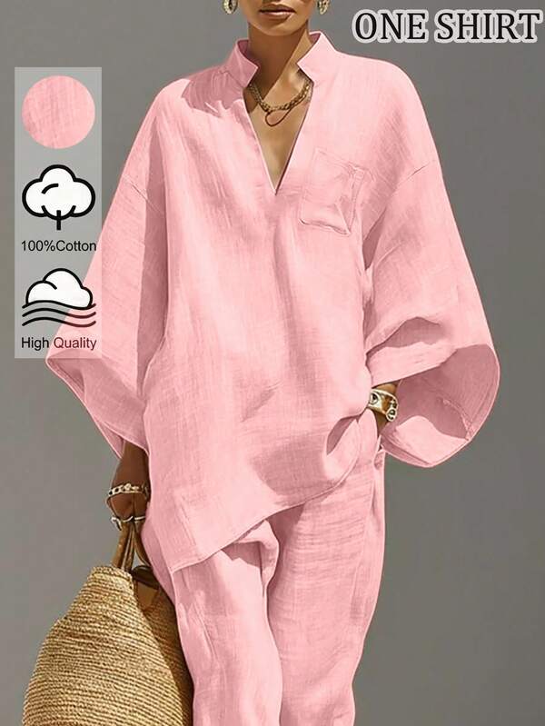 SHEIN Holidaya Women's Notched V-Neck Small Stand Collar Wide Cuff Loose Drop Shoulder 3/4 Sleeve Pure Cotton Blouse, Suitable For Daily Commute, Elegant Party, Valentine's Day, Women's Casual Top, Vacation, Beach, Summer Holiday, Commute, Spring, Work Top, Office Wear, Social Top/Workplace Top, Office