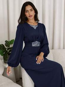 Veilorie New Luxury Elegant Heavy Embellished Rhinestone Exquisite Waist-Cinched Pleated Party Dress - Navy Blue - View 6