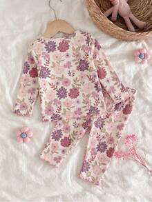 新生女嬰可愛卡通與花卉圖案長袖居家服套裝 - 彩色 - 查看 2