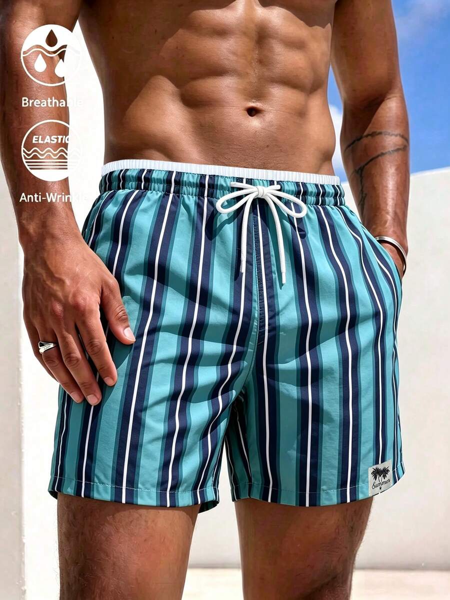 Manfinity KASUA Men's Vacation Drawstring Waist Letter Print Denim Beach Shorts - Green - View 1