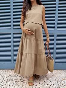 Boho Mama 孕婦純色圓領無袖上衣與可調節腰圍裙子休閒兩件套 - 卡其色 - 查看 6