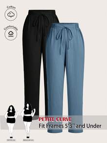 SHEIN PETITE CURVE Setelan 2 Potong Gaya Prancis Ukuran Besar, Celana Linen Kasual dengan Pinggang Elastis, Nyaman dan Serbaguna, Cocok untuk Pakaian Sehari-hari, Liburan, dan Perjalanan Musim Gugur - MultiWarna - View 3