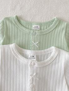 SHEIN Playful Pals 2pcs/Set Newborn Girl Jumpsuit Cute Bow Front Ribbed Short Sleeve Romper Cotton - Green - View 8