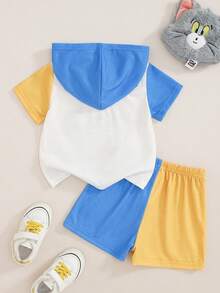 TOM & JERRY X SHEIN Baby Boy Letter Cartoon Print Hooded Short Sleeve T-Shirt And Shorts Casual Daily Outfit - Multicolor - View 2