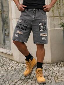 Manfinity EZcore Plus Size Men's Letter Print Pocket Distressed Denim Shorts - Grey - View 3