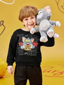 TOM & JERRY X SHEIN سترة رياضية للصبي مضفرة بشكل رسم كرتوني وبطبعة حرف، بياقة واسعة منسدلة، مناسبة للربيع والخريف - الأسود - مشاهدة 4