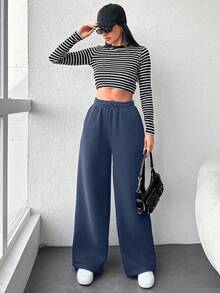 SHEIN Cottnline 女士休闲纯色抽绳腰直筒运动裤，秋冬 - 藍色 - 查看 5