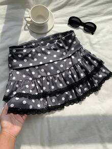 Comfortcana 女款法式波點印花蕾絲拼接裙，度假穿搭、萬聖節、外出、校園裙 - 彩色 - 查看 7