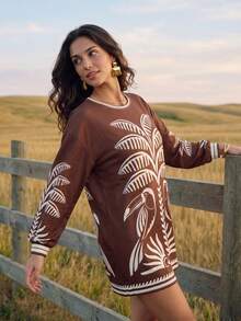 CAJUNI Women's Casual Loose Round Neck Long Sleeve Palm Tree Print Vacation Dress - Brown - View 4