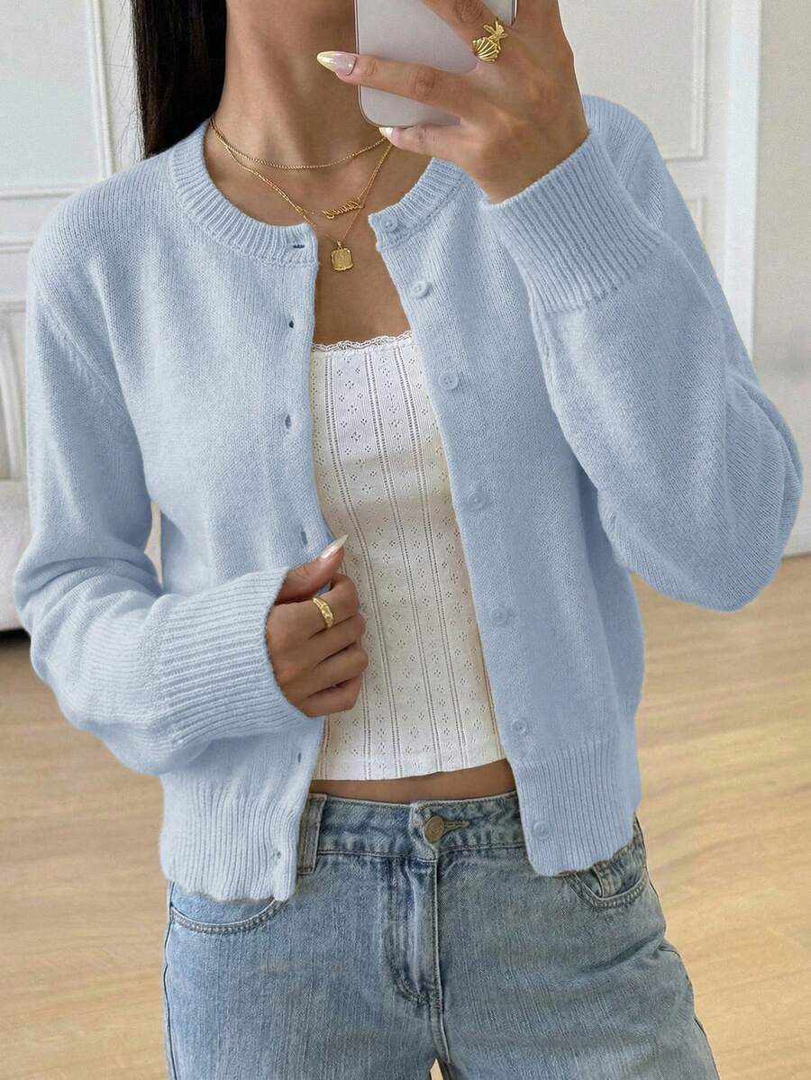 SHEIN 青少年女孩休閒百搭素色開襟衫 - 淺藍色 - 查看 1