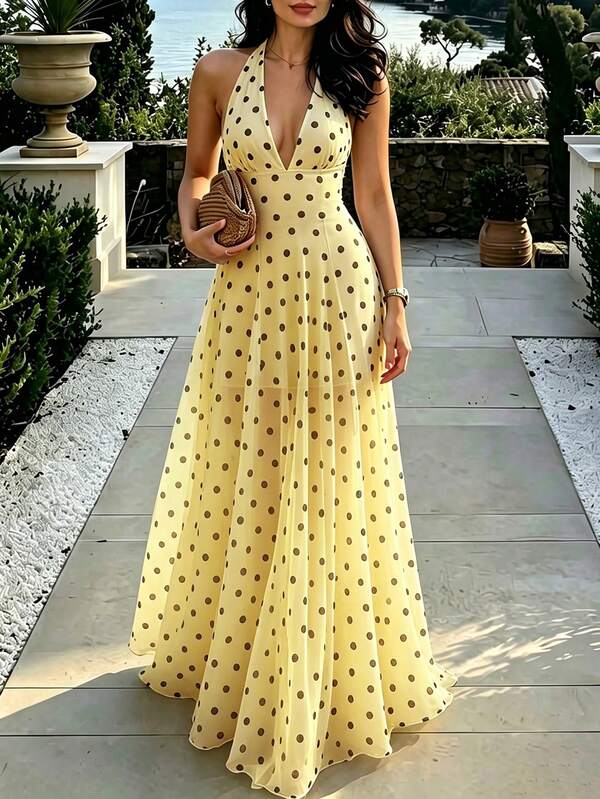 SHEIN PariChic Vestido elegante y de moda para mujer estilo francés con escote profundo en V, cuello halter con lazo, sin mangas, estampado de lunares blanco y negro, vestido largo para primavera, verano, otoño e invierno, vestido elegante para mujer, vestido de lunares para mujer, vestido de graduación, vestido de playa, vestido elegante para fiesta, vestido para cita, vestido para vacaciones, vestido para festival
