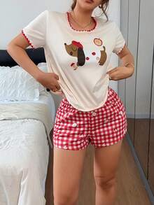 Napfluff Contrast Trim Round Neck Cute Dachshund Cartoon Print Short Sleeve Shorts Pajama Set - Multicolor - View 3