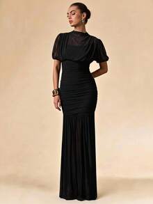 SHEIN BAE Spring/Summer Solid Black Wrap Shawl Elegant Sheer Slim Fit Ruched Extra Long Mesh Dress, Dinner, Bridesmaid, Women's Tea Party, None - Black - View 4