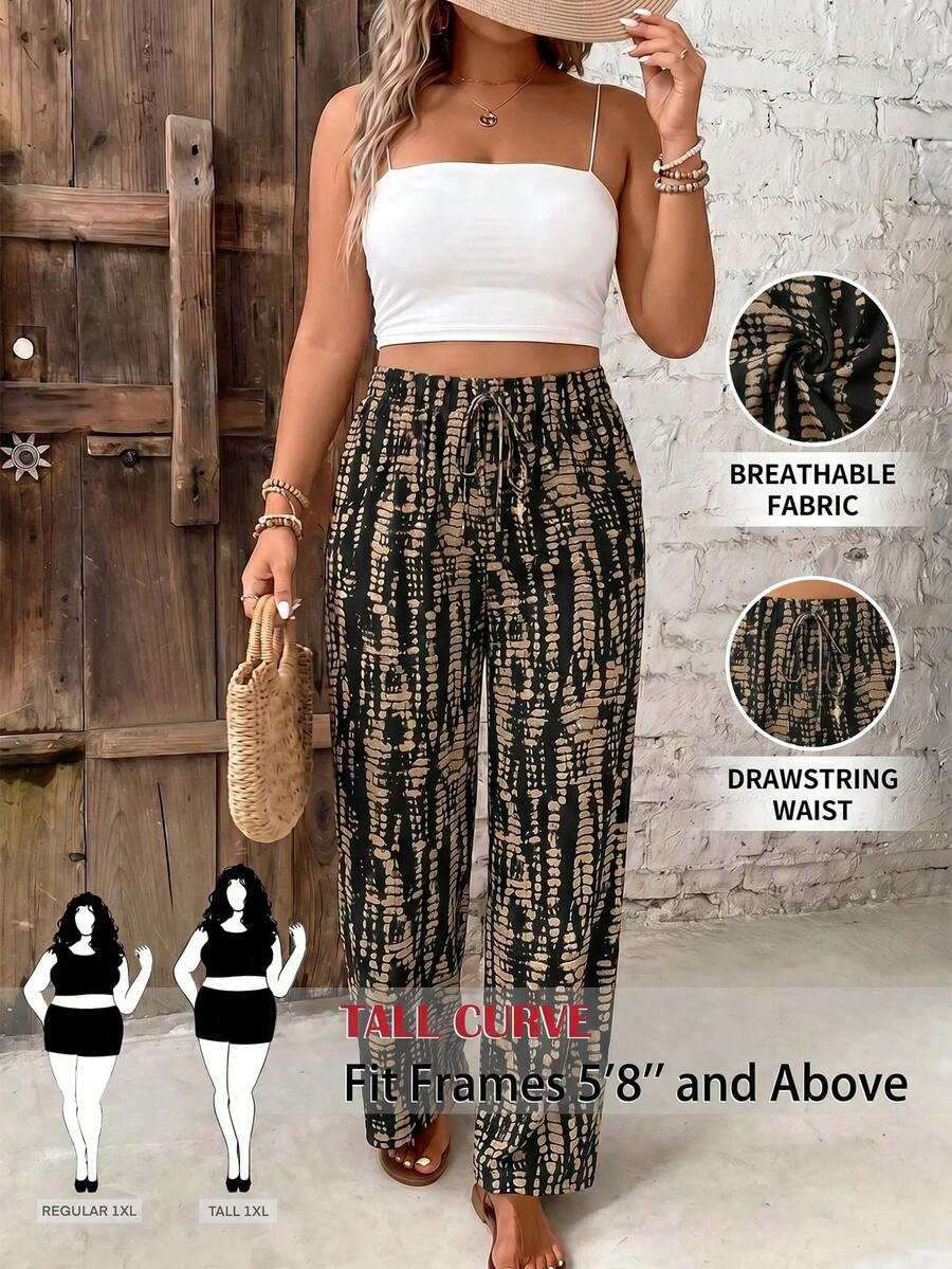 SHEIN Tall CURVE Plus Size Women's Colorblock Drawstring Waist Casual Wide Leg Pants Fall - Multicolor - View 1