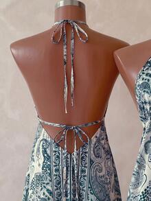 Louniche Vestido de mujer estilo vacaciones de verano con estampado, espalda descubierta y cordón ajustable - Azul - Ver 5
