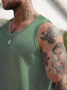 VENTUSAIL Men's Solid Color Round Neck Casual Everyday Perforated Jacquard Tank Top, Spring/Summer Holiday - Army Green - View 5