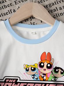 THE POWERPUFF GIRLS X SHEIN 少女卡通圖案圓領短袖T恤與休閒短褲套裝 - 白色 - 查看 3