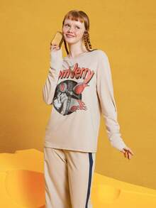 TOM & JERRY X SHEIN Unisex 1pc Cartoon Pattern T-Shirt - Khaki - View 4