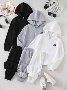 SHEIN 青少年男孩3件組連帽衛衣套裝，附貼布設計，百搭休閒多功能秋季開學服飾 - 彩色 - 查看 2