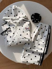 Comfortcana Women's Polka Dot Print Hoodie & Pants 2 Pieces Set - White - View 3
