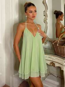 Glamine New Light Green Halter Deep V Summer Dress,Women Open Back Tie Double-Layer Chiffon Vacation Dress,Night Out Vacation,Tropical Romantic - Green - View 4