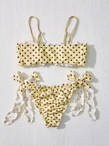 Swim Mod Set Pakaian Renang Wanita untuk Liburan, Atasan Camisole Motif Polkadot dengan Dekorasi Pita 3D dan Bawahan Bikini Segitiga - Aprikot - View 3