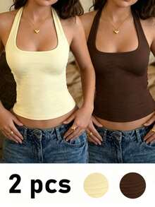 Tween Girl Solid Color Fitted Casual Halter Tank Top - Multicolor - View 1