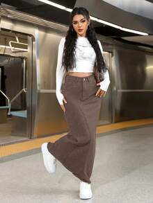 SHEIN ICON Váy mini denim màu trơn cỡ lớn dành cho nữ, Thu/Đông - màu nâu - Xem 6