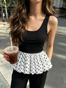 SHEIN PariChic Women's Polka Dot Patchwork Pleated Casual Versatile Daily Wear Top - Black and White - View 3