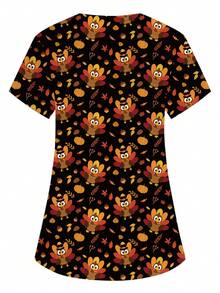 PopScrub Thanksgiving V-Neck Short Sleeve Double Pocket Cute Turkey Print Nurse Doctor Work Uniform Lab Surgical Scrub Uniform Pet Grooming Uniform Nutritionist Uniform Multi-Pocket Functional Women's Holiday Clothing, Summer Women's Top, Turkey Women's Top, Thanksgiving Party, Thanksgiving Decoration, Cartoon Cute Little Turkey - Black - View 2