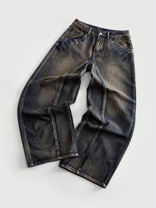 ROMWE MEN Street Life Men's Wide Leg Loose Casual Denim Jeans With Pockets - Blue - View 1
