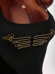 Amplova Black And Gold Foil Spaghetti Strap Sleeveless Fitted Military Style Vintage Sexy Criss-Cross Backless Women's Mini Tank Top Club Night Out Summer - Black and Gold - View 8