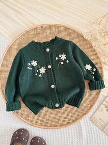 SHEIN Baby Girl Knitted Solid Color Embroidered Pattern Round Neck Casual Cardigan - Green - View 4