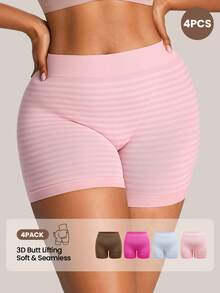 Barelissa 4pcs Women Plus Size Boyshorts High Waisted Stretch Anti Chafing Underwear Curve Striped Seamless Breathable Comfortable Brown Hot Pink Summer - Multicolor - View 2