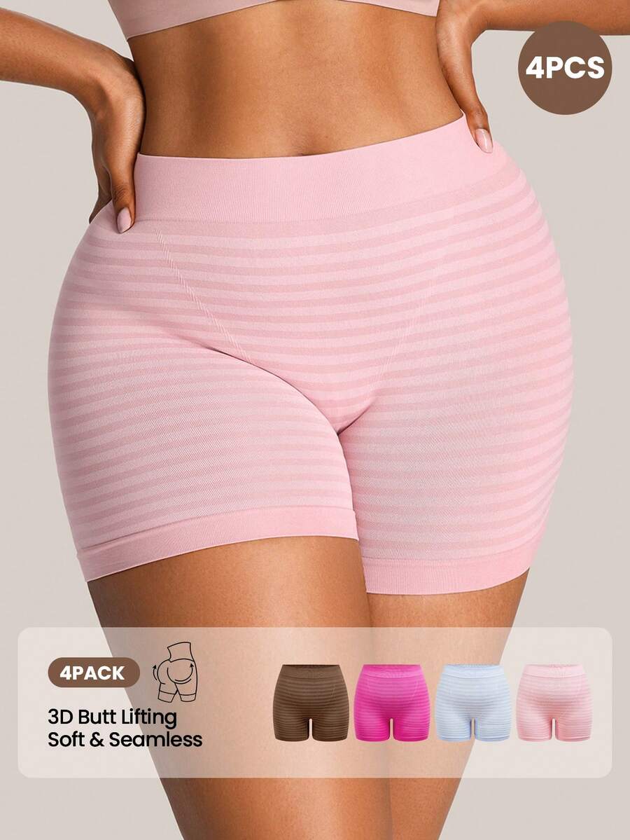 Barelissa 4pcs Women Plus Size Boyshorts High Waisted Stretch Anti Chafing Underwear Curve Striped Seamless Breathable Comfortable Brown Hot Pink Summer