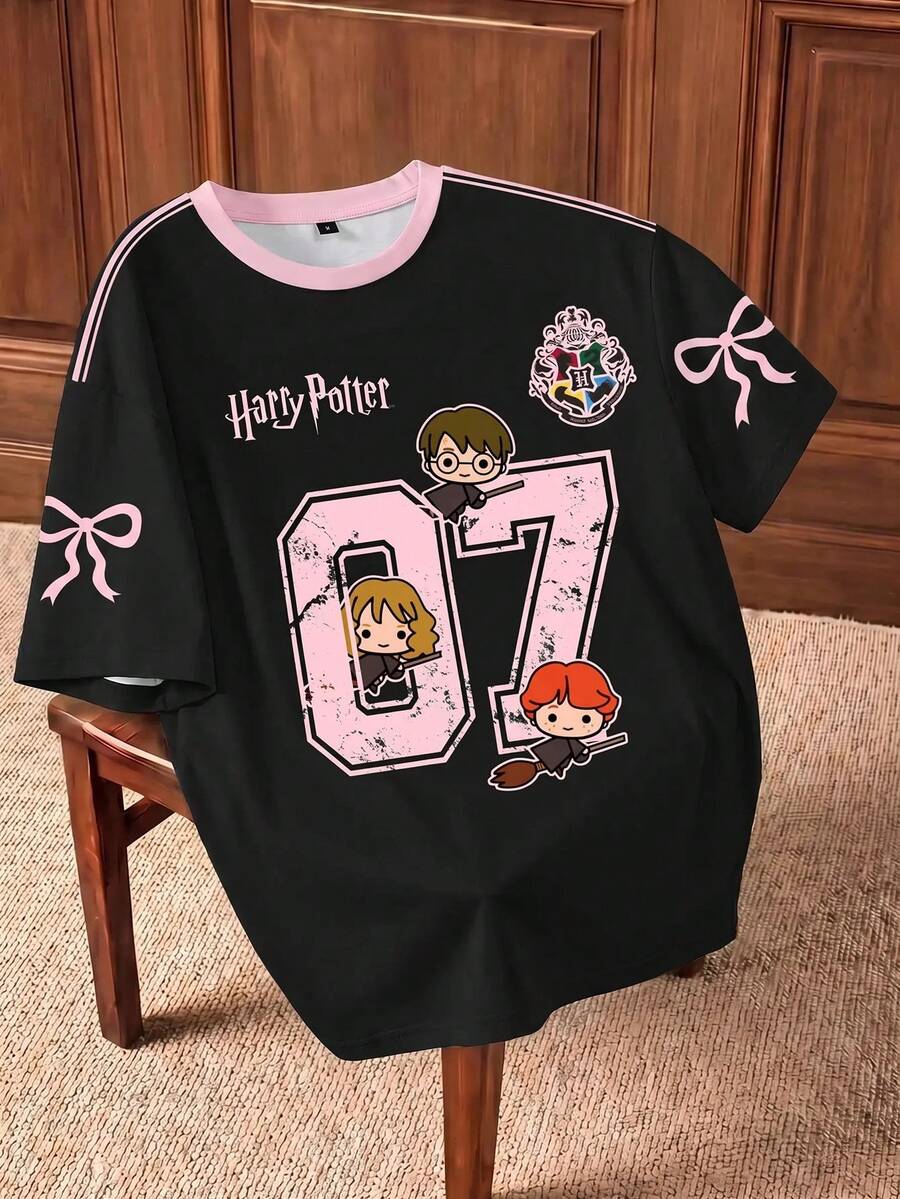 HARRY POTTER X SHEIN 女款休閒字母與卡通圖案圓領短袖T恤,夏季可愛Y2K上衣 - 白色 - 查看 1
